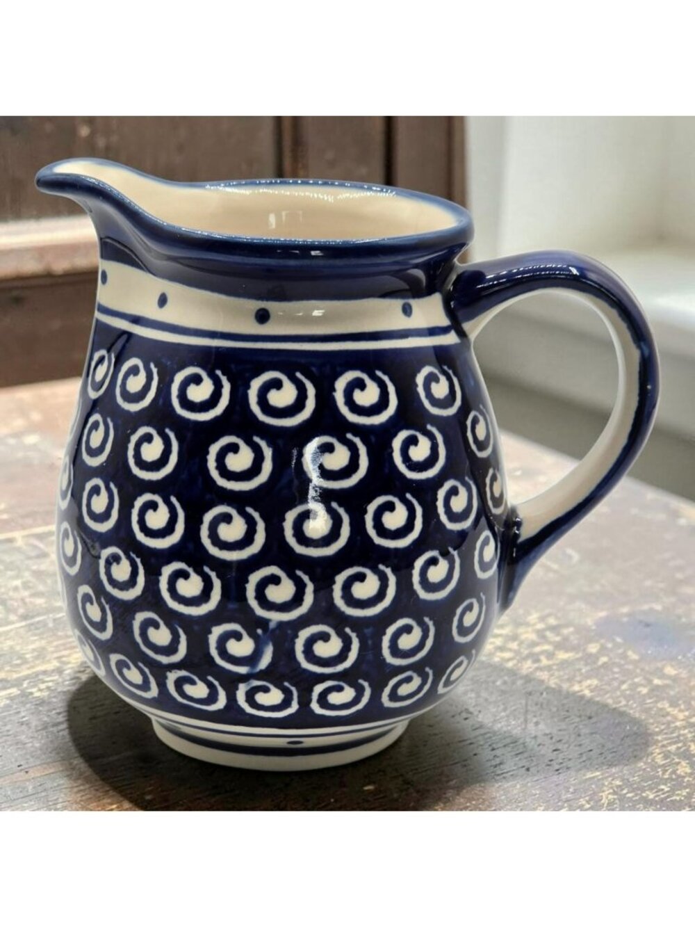 Handmade Boleslawiec Polish Pottery Creamer Pitcher Blue White Swirl 48oz